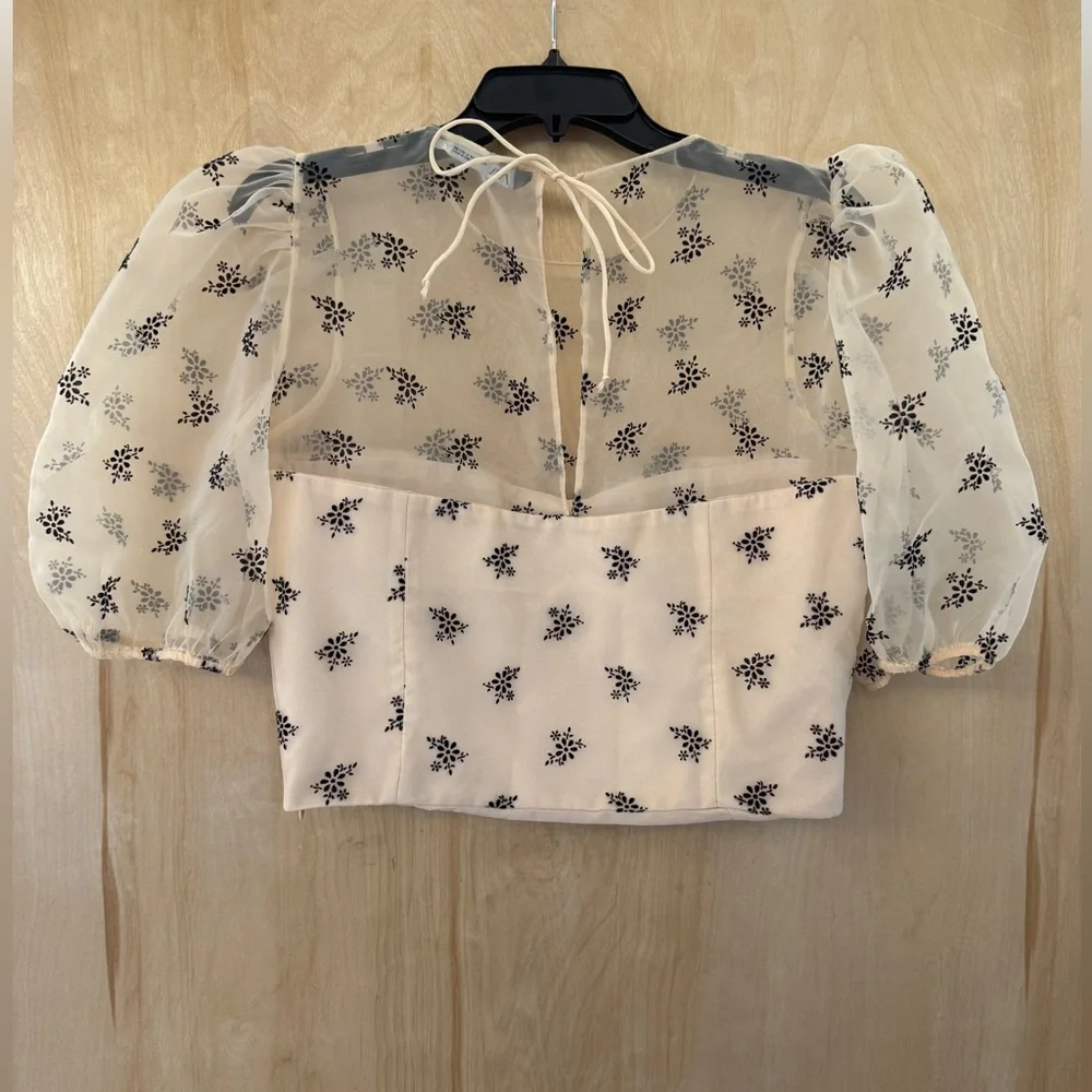 Zara Sheer Puff-Sleeve Floral Appliqué Top in Cream and Black